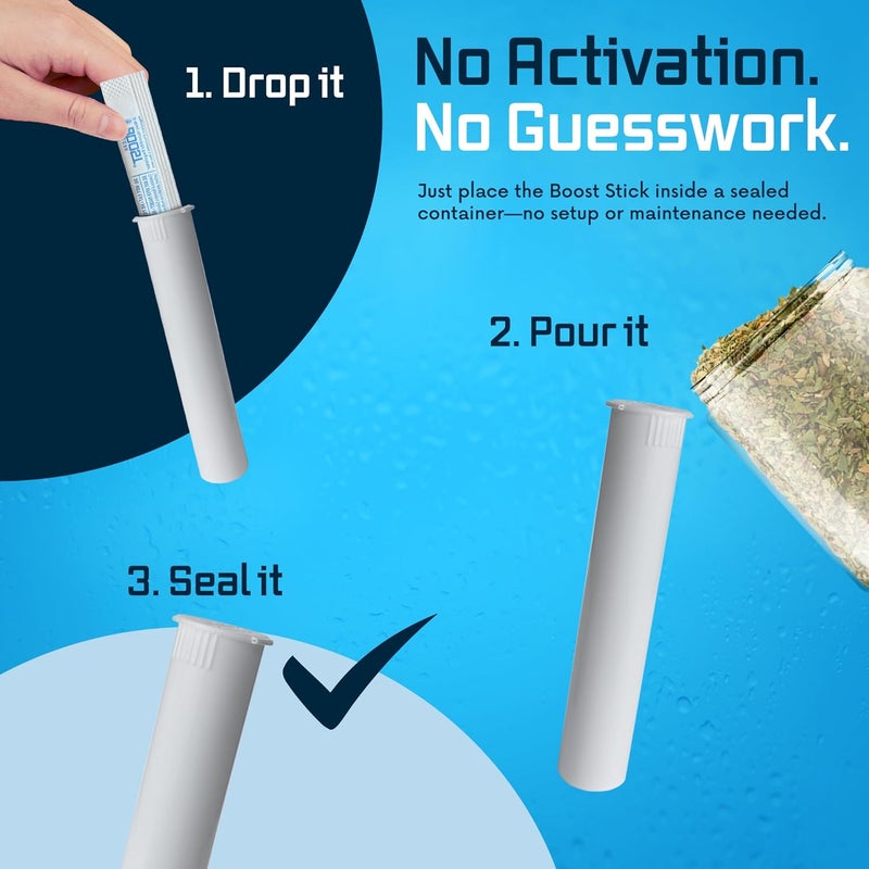 Integra Boost 2-Way Humidity Control Sticks – 62% RH Moisture Packs to Preserve Flavor & Freshness – Includes 98mm White Squeeze Top Tubes – Patented Technology – 20 Count Moisture Pack Set - Image 5
